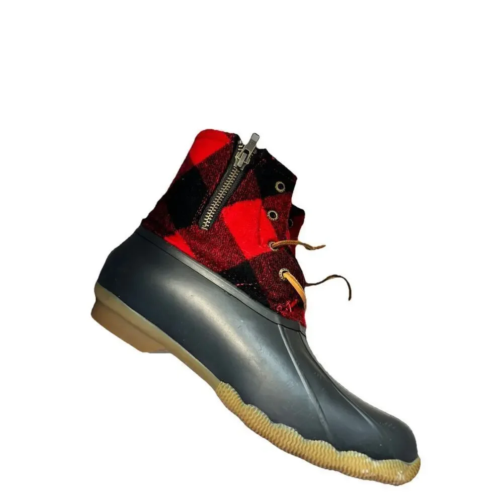 Sperry Womens 8 Saltwater Red Buffalo Plaid Zip Up Duck Boots Winter Rain